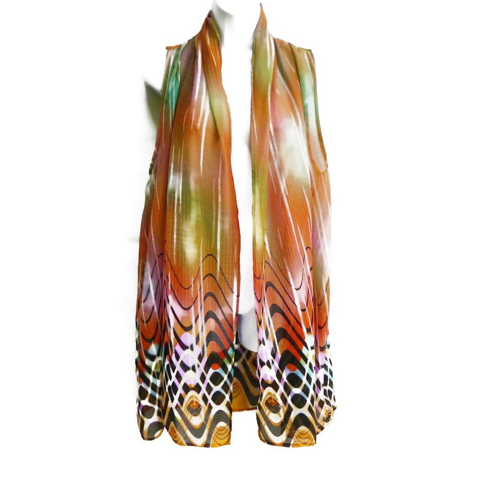 Vintage Cover Up Vest Waterfall Open Front Lightweight Flyaway Color Geometric L